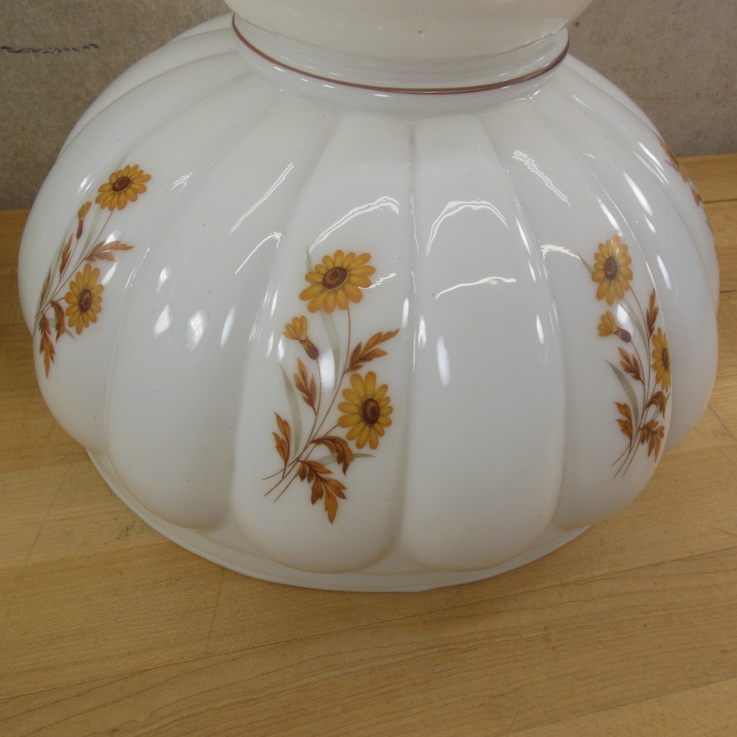 White Glass Kerosene Oil Hurricane Lamp Shade Yellow Daisy Flower Vintage