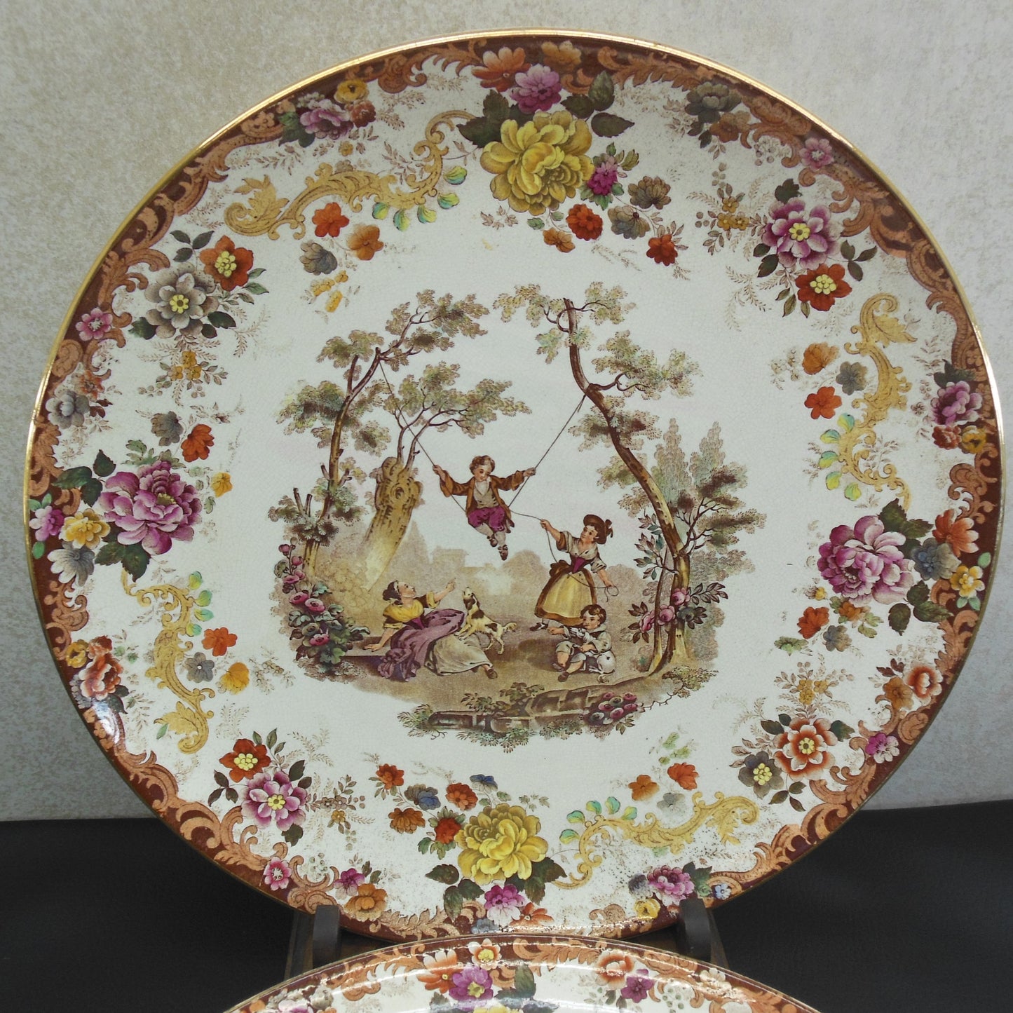 Mintons England Antique Pair 15" Chargers Platters Children Playing Swing Dog Large