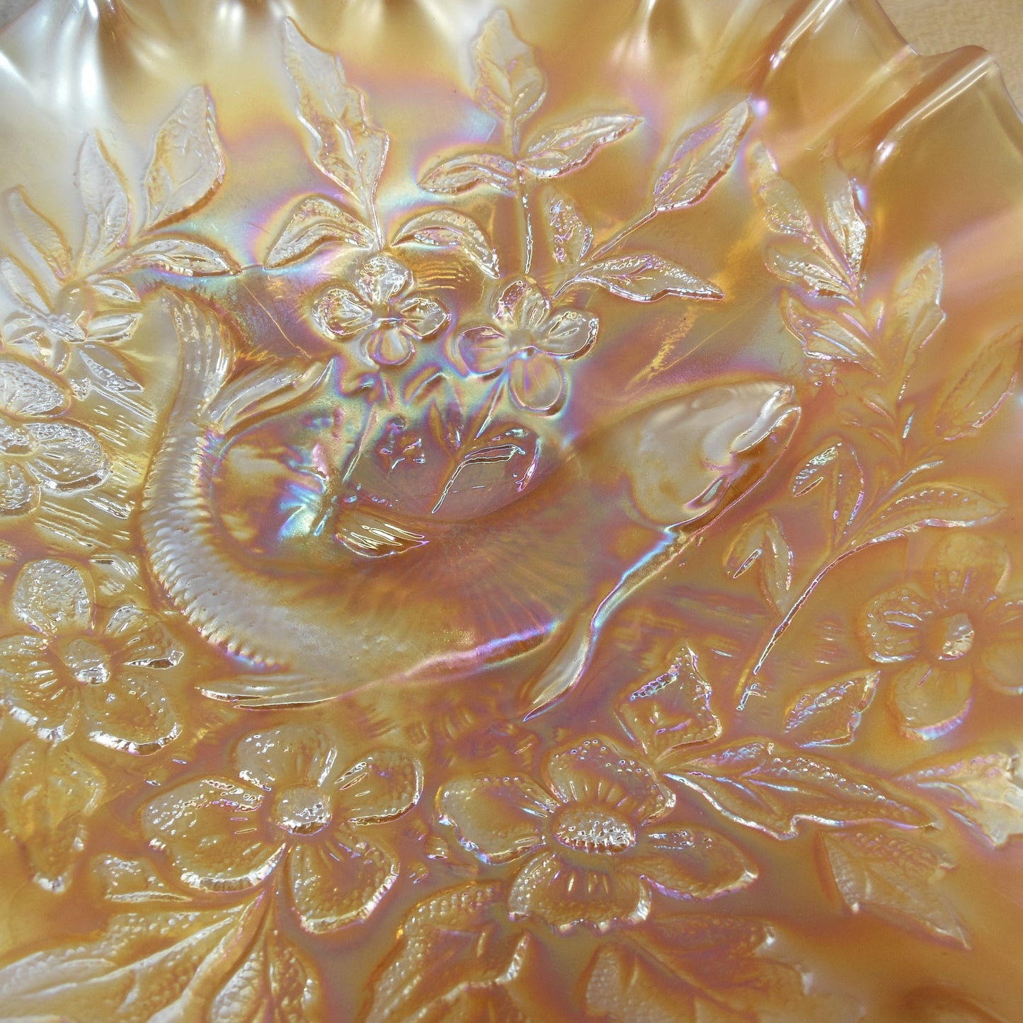 Millersburg Trout & Fly Marigold Carnival Glass Ruffled Bowl 3-1 vintage