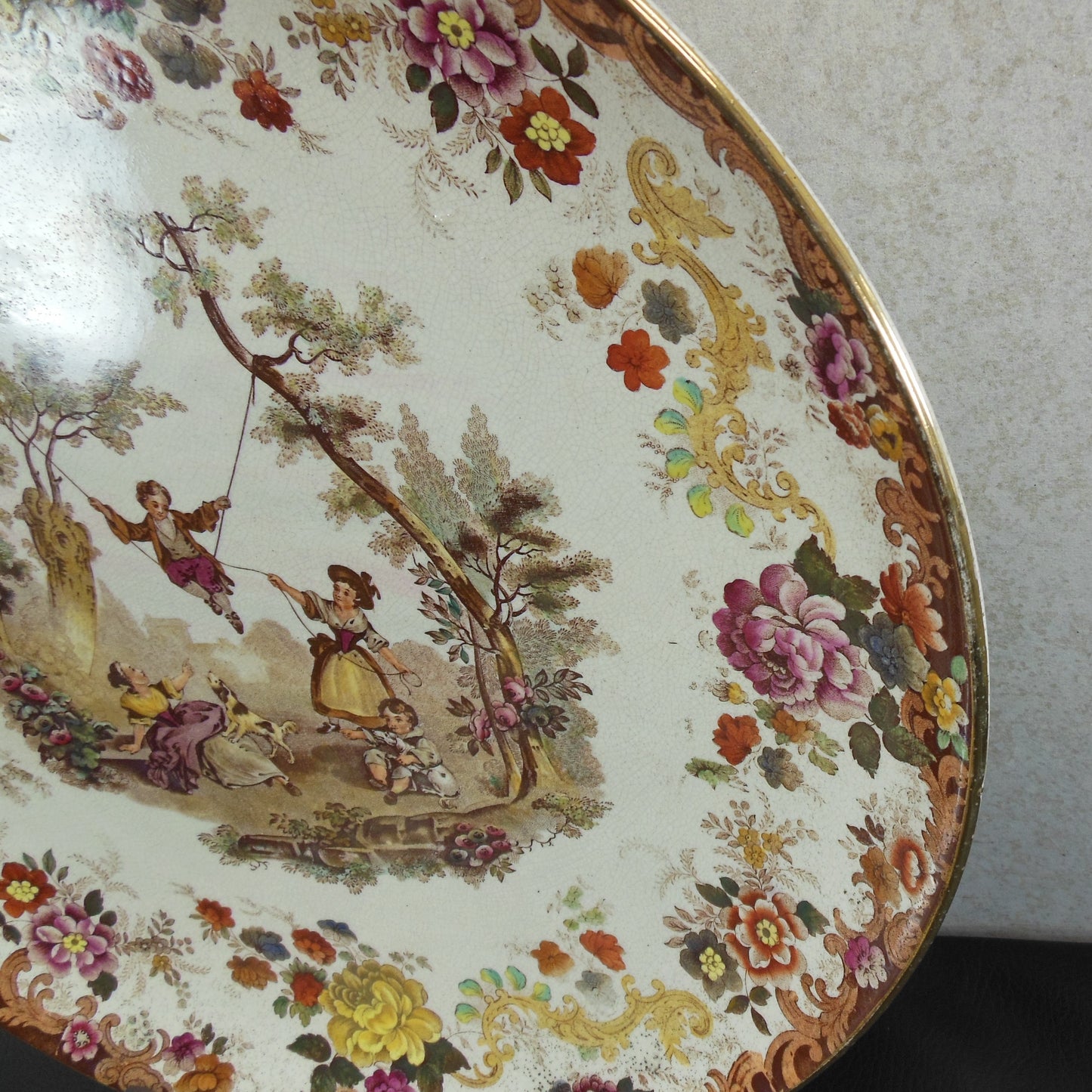 Mintons England Antique Pair 15" Chargers Platters Children Playing Swing Dog Multicolor