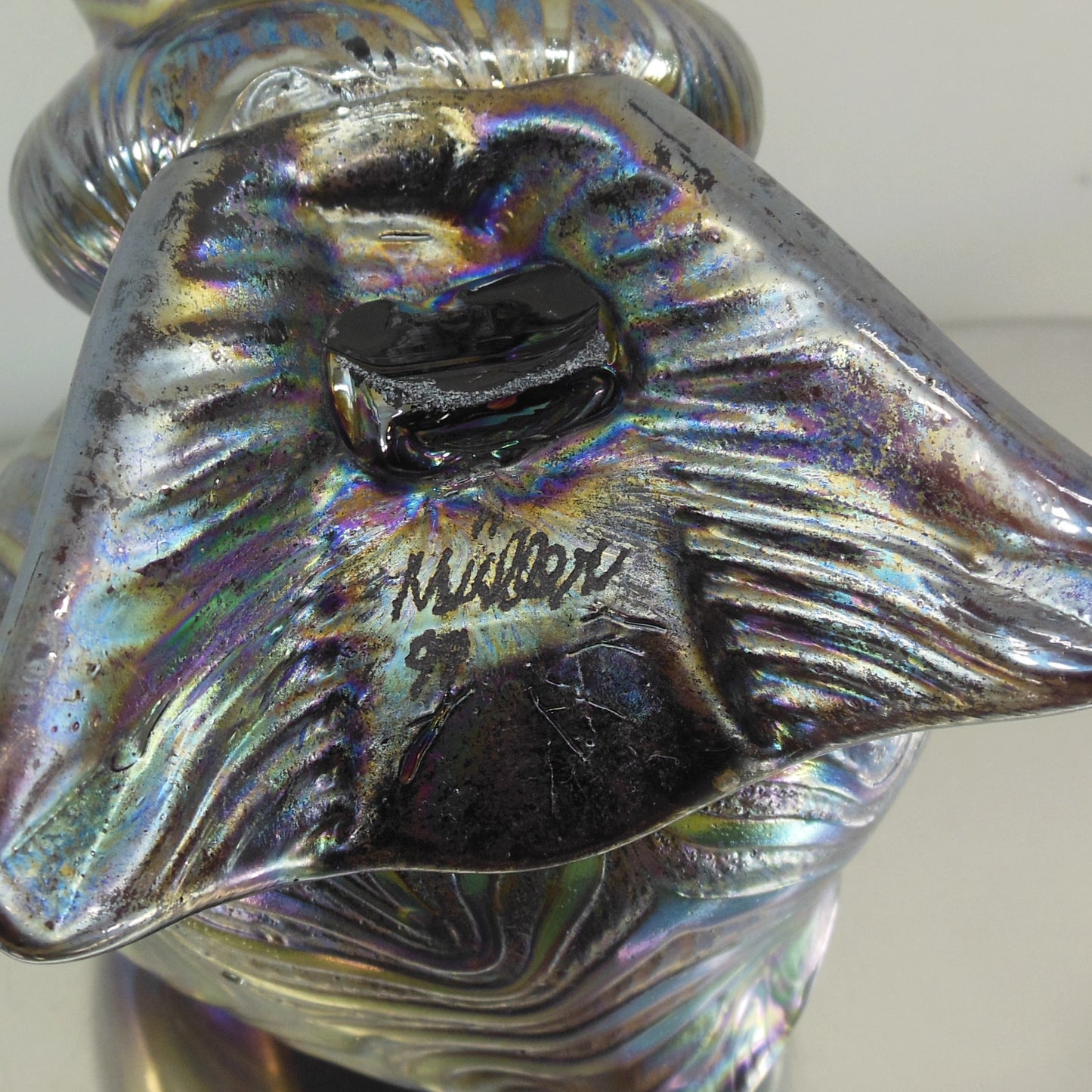 Igor Muller 1999 Bohemian Blown Art Glass Conch Shell Blue Purple Signed