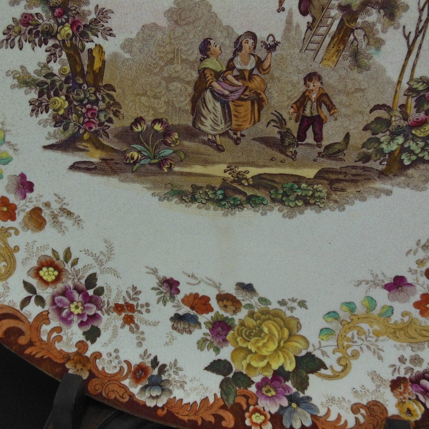 Mintons England Antique Pair 15" Chargers Platters Children Playing Swing Dog Fowl