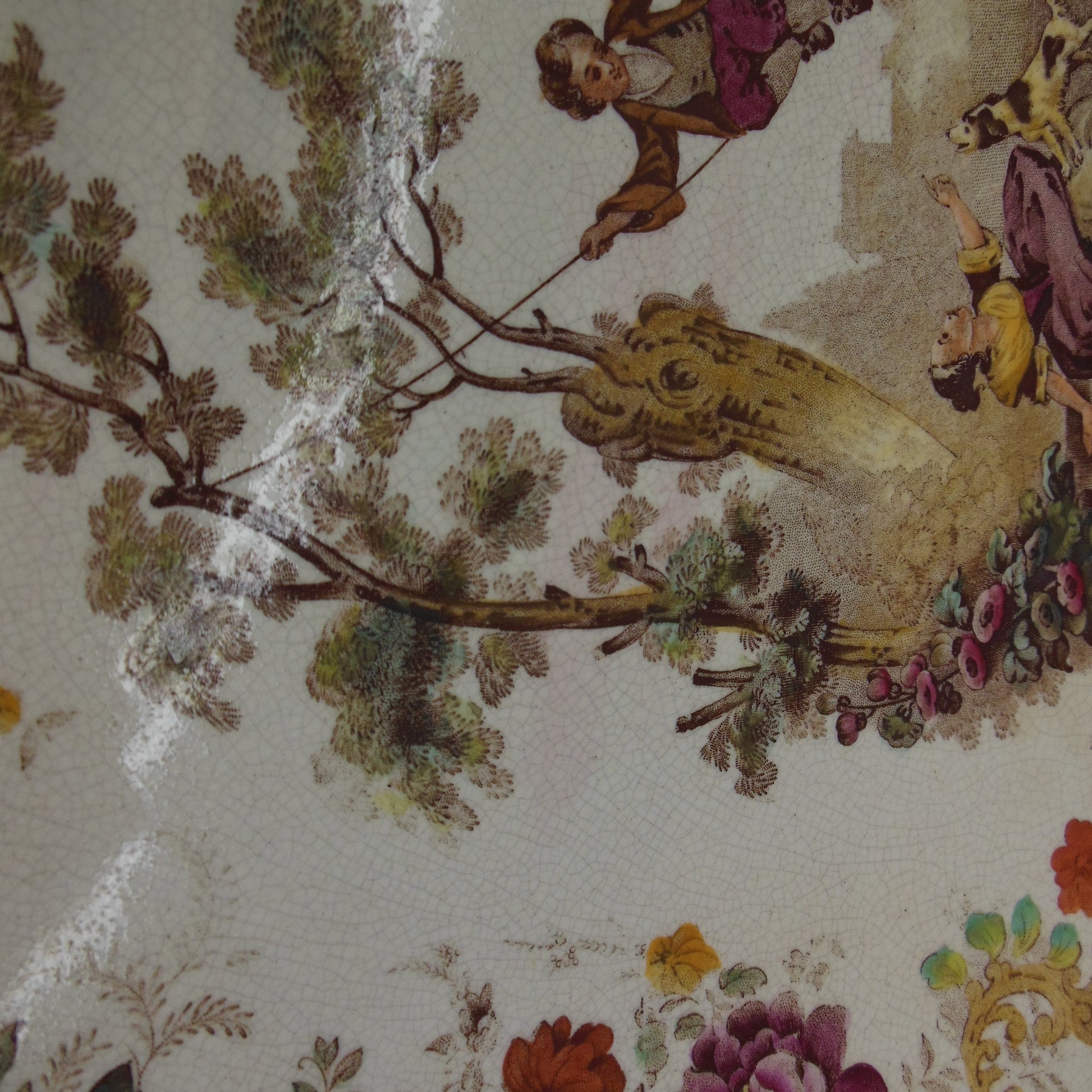 Mintons England Antique Pair 15" Chargers Platters Children Playing Swing Dog Flowers