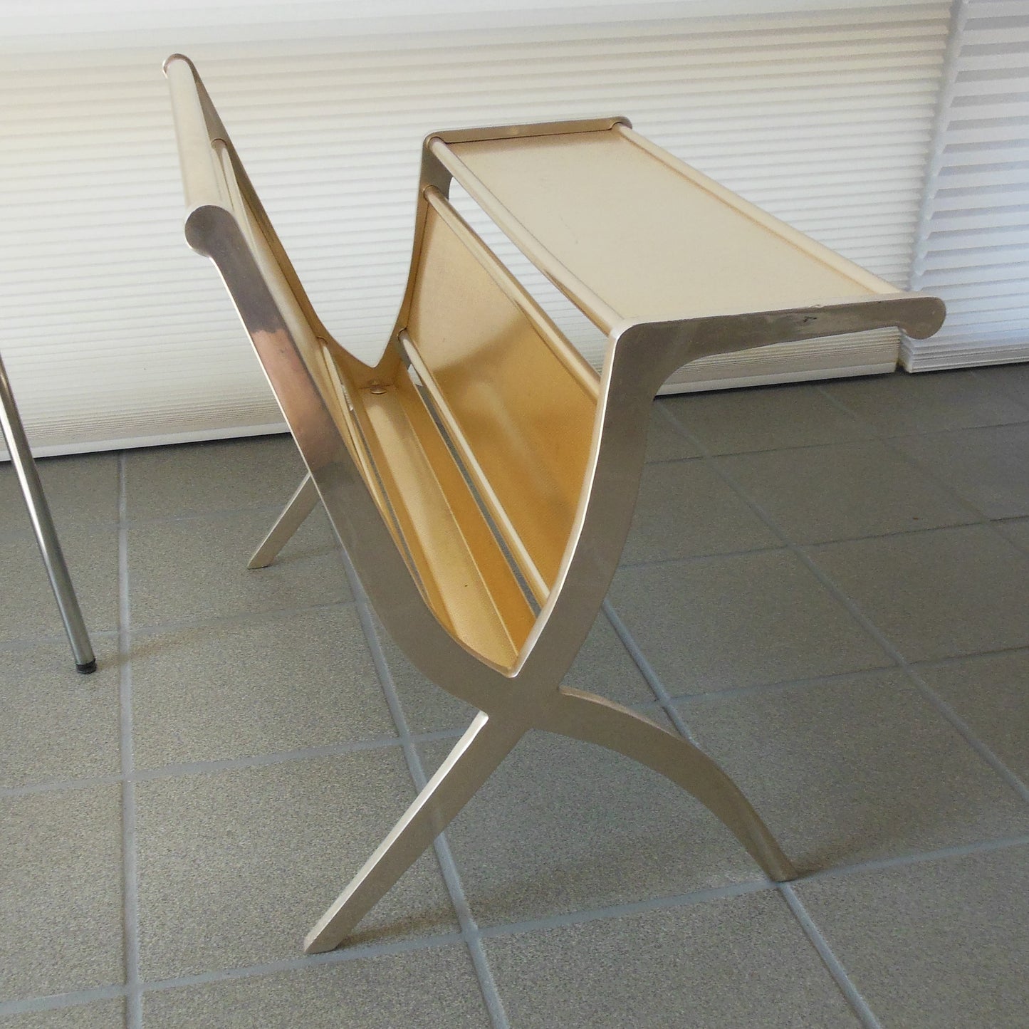 Kaymet England Rare Gold Anodized Aluminum Magazine Rack Table X Leg MCM