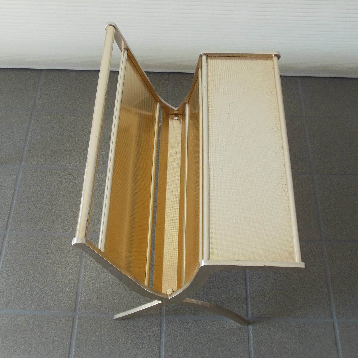 Kaymet England Rare Gold Anodized Aluminum Magazine Rack Table X Leg Vintage