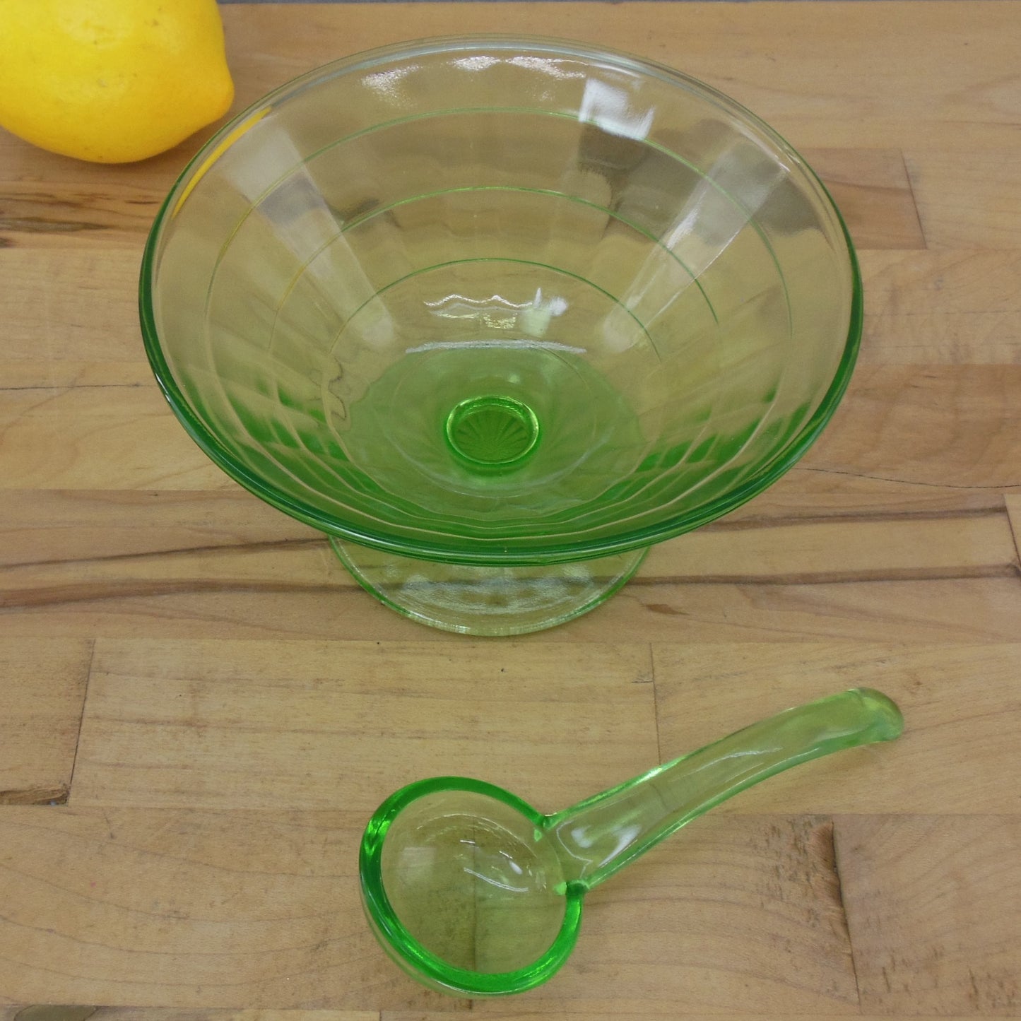 Anchor Hocking Block Optic Green Uranium Glass Mayonnaise Comport Ladle Vintage Depression Glass