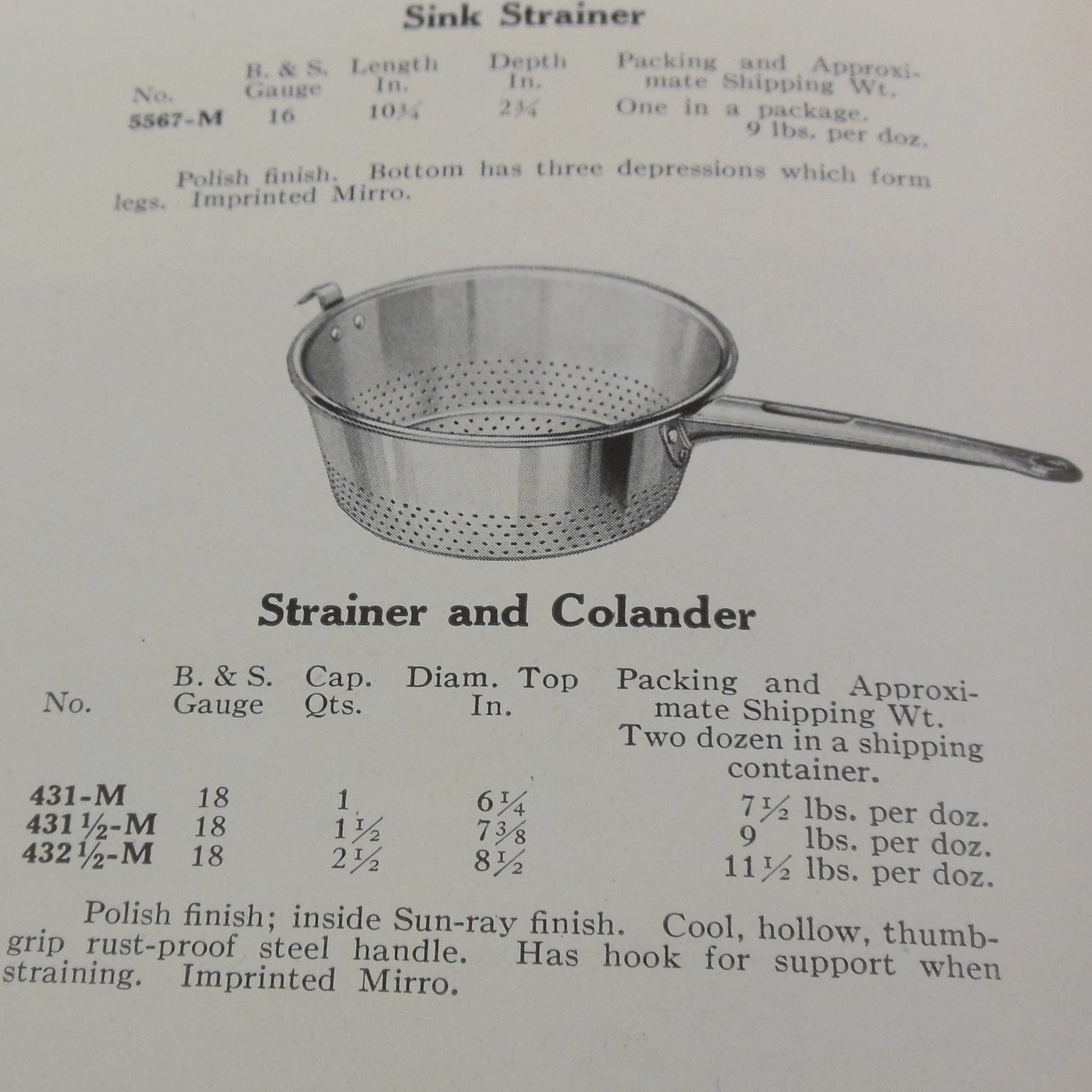 Mirro USA Aluminum Long Handle Strainer Colander 1-1/2 Quart catalog