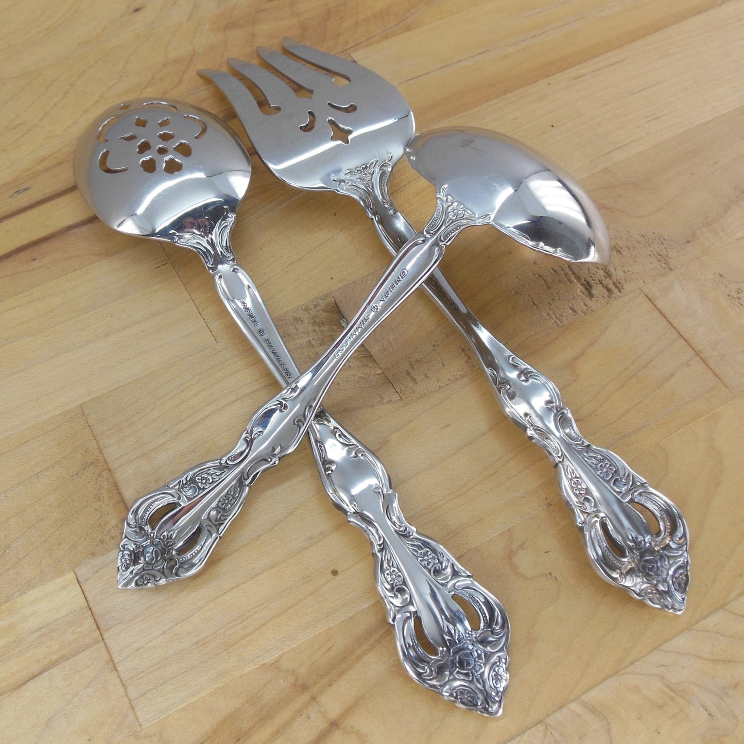 Oneida Cube Michelangelo Stainless 3 Lot Serving Fork Pierced Spoon Ladle Vintage