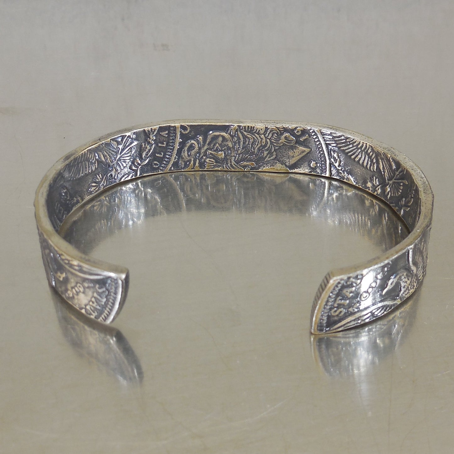 Faux Morgan Dollar Coin Cuff Silver Tone Bracelet Gold Eagle 7.25" 1/2" wide