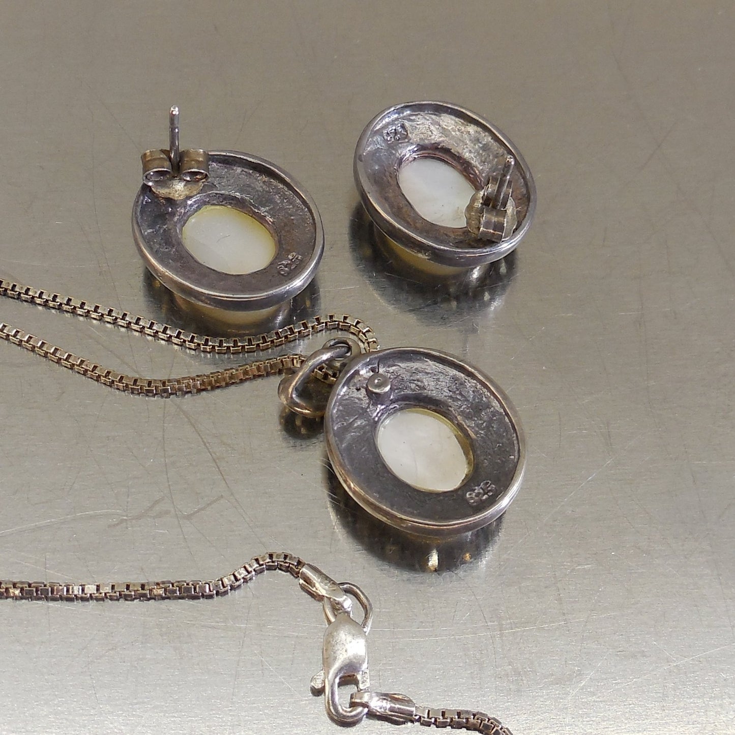 Unbranded 925 Sterling Oval MOP Marcasite Necklace & Earrings Set pierced