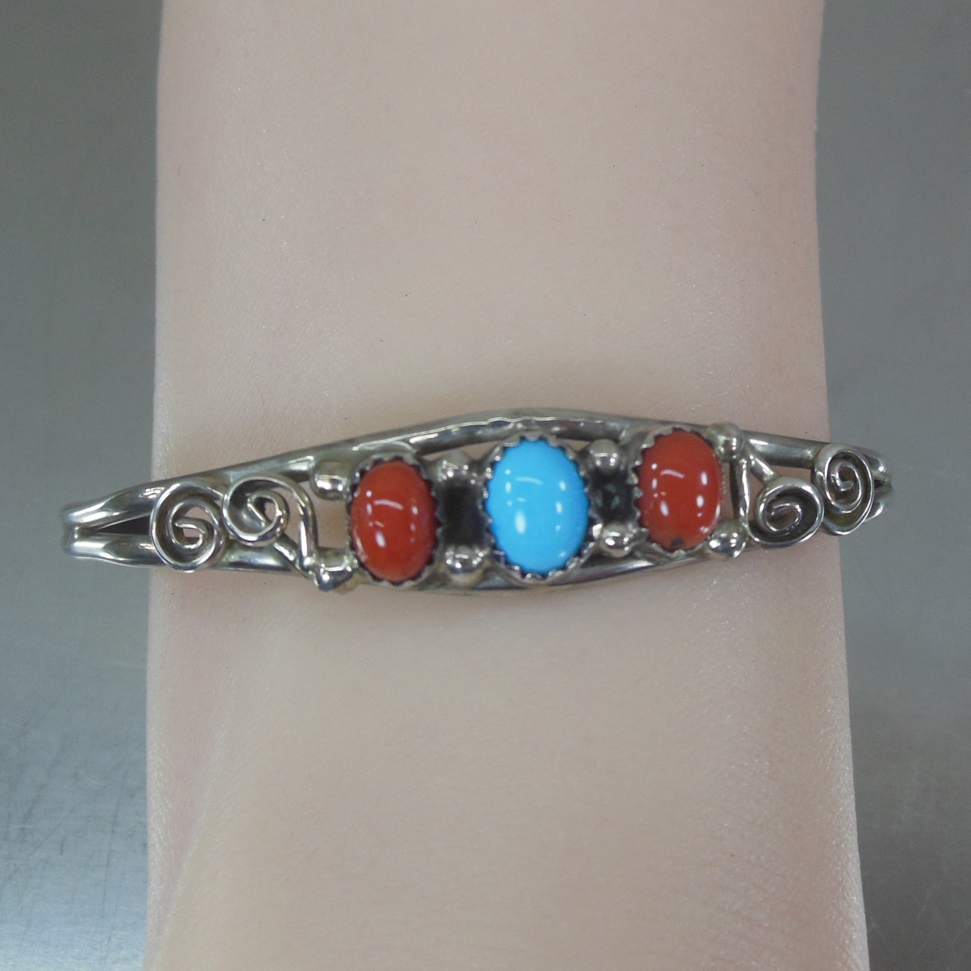 Pauline Nelson Navajo Sterling Silver Turquoise Coral Cabochon Cuff Bracelet Vintage