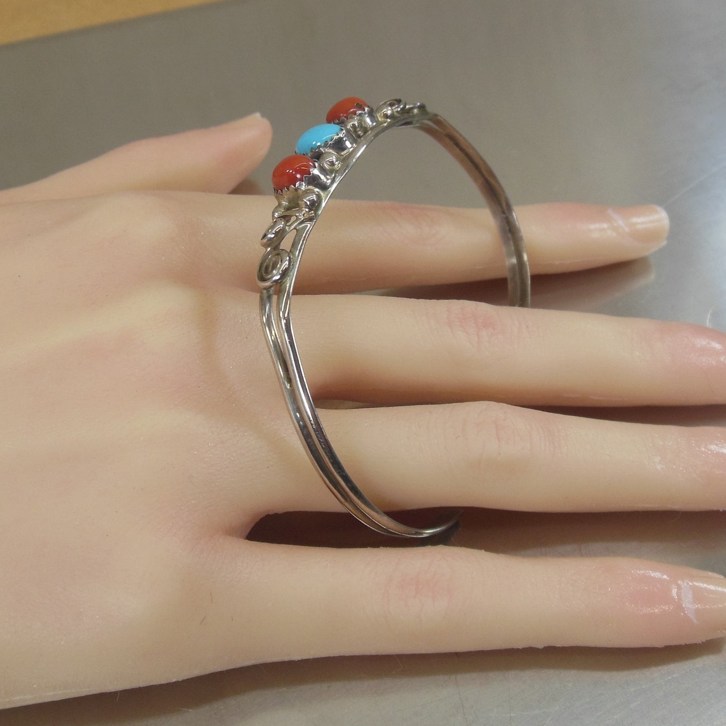 Pauline Nelson Navajo Sterling Silver Turquoise Coral Cabochon Cuff Bracelet Estate