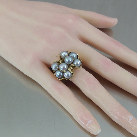 Cocktail Ring 14K Yellow Gold Steel Blue/Gray Pearls Size 7.5
