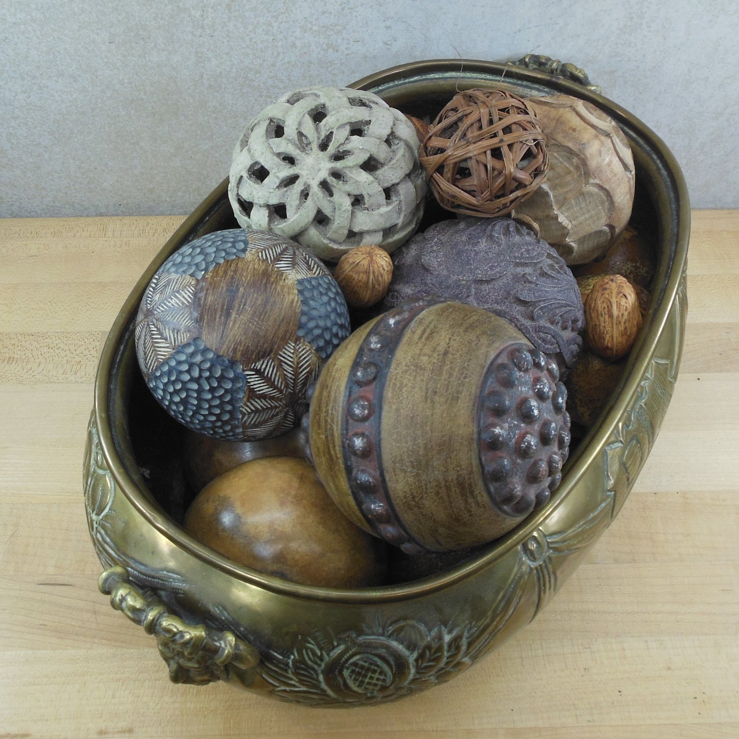 Antique English Repousse Brass Oval Planter Jardiniere & Carved Balls Seeds Gourds Vintage