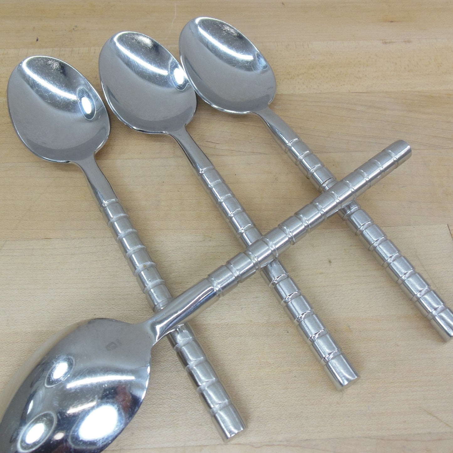 Gourmet Settings Traffic Ringed Stainless Flatware - Soup Place Spoons 4 Set Used