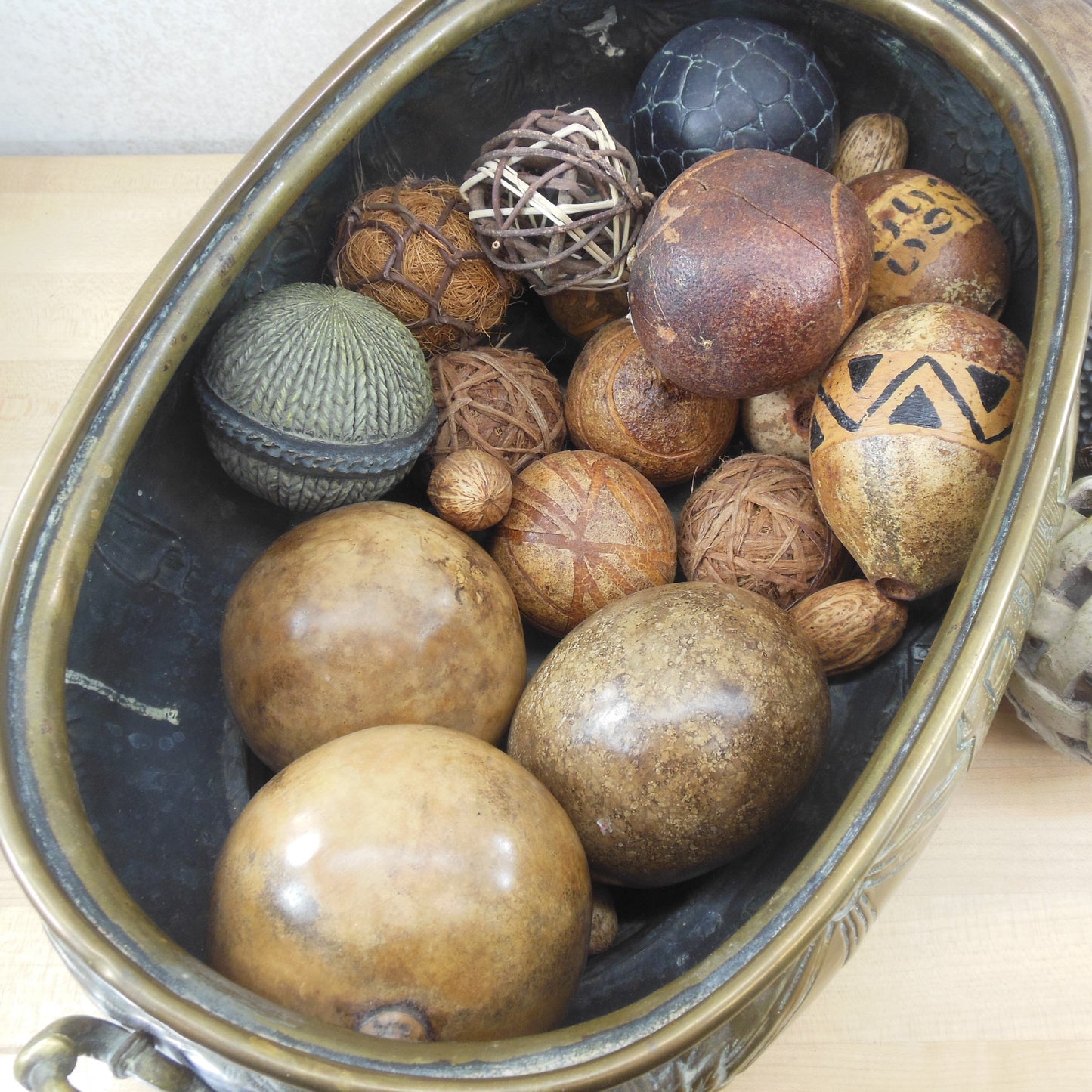 Antique English Repousse Brass Oval Planter Jardiniere & Carved Balls Seeds Gourds Woven