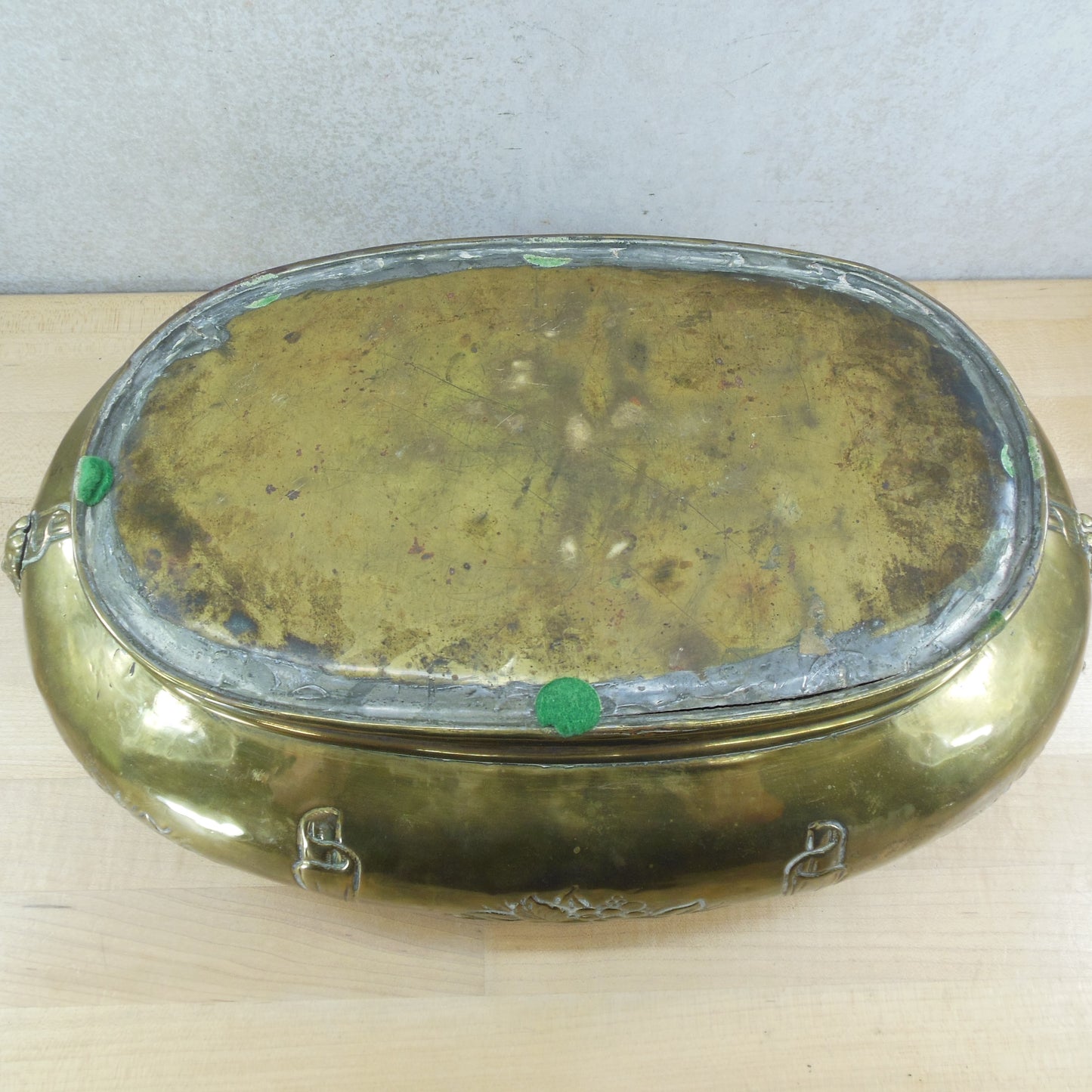 Antique English Repousse Brass Oval Planter Jardiniere & Carved Balls Seeds Gourds used
