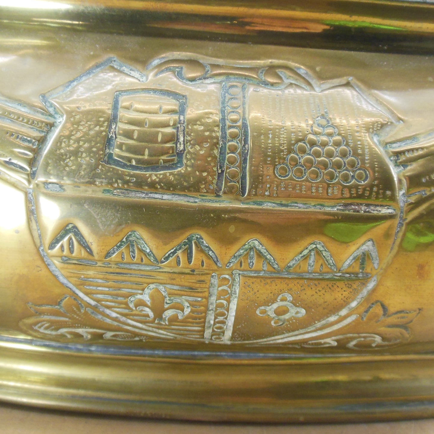 Antique English Repousse Brass Oval Planter Jardiniere & Carved Balls Seeds Gourds Crest of Arms