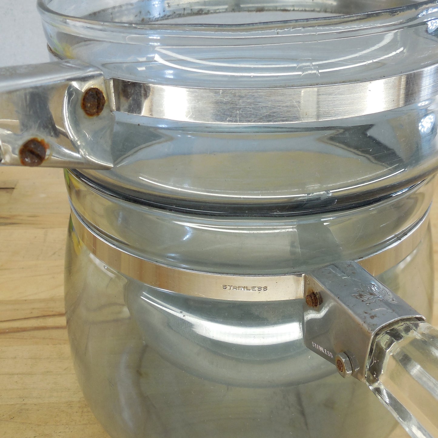 Pyrex Glass USA Early Blue Flameware Double Boiler - No Lid Unrestored Handles