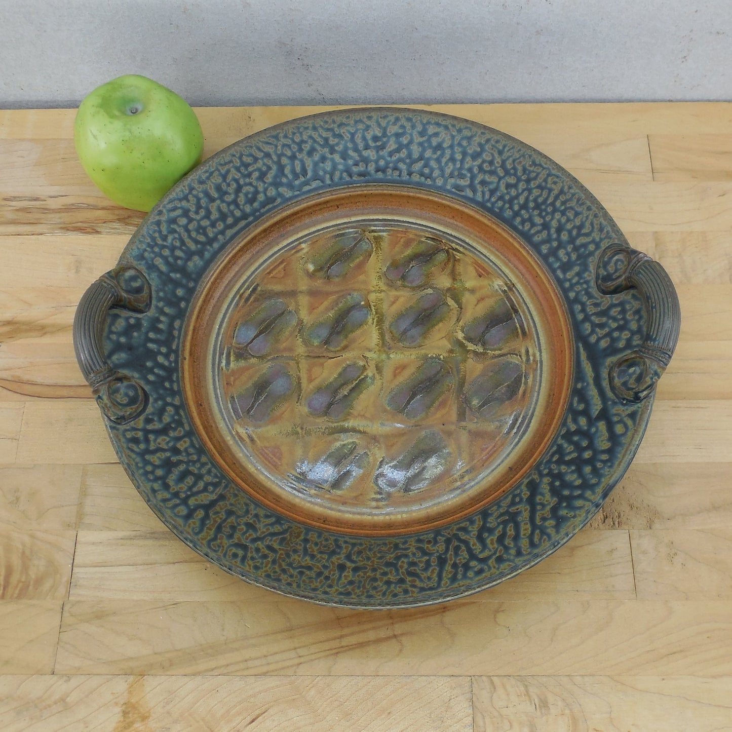 Royce Yoder Pottery Serving Platter Tan Ash Glaze Handles 12.5"