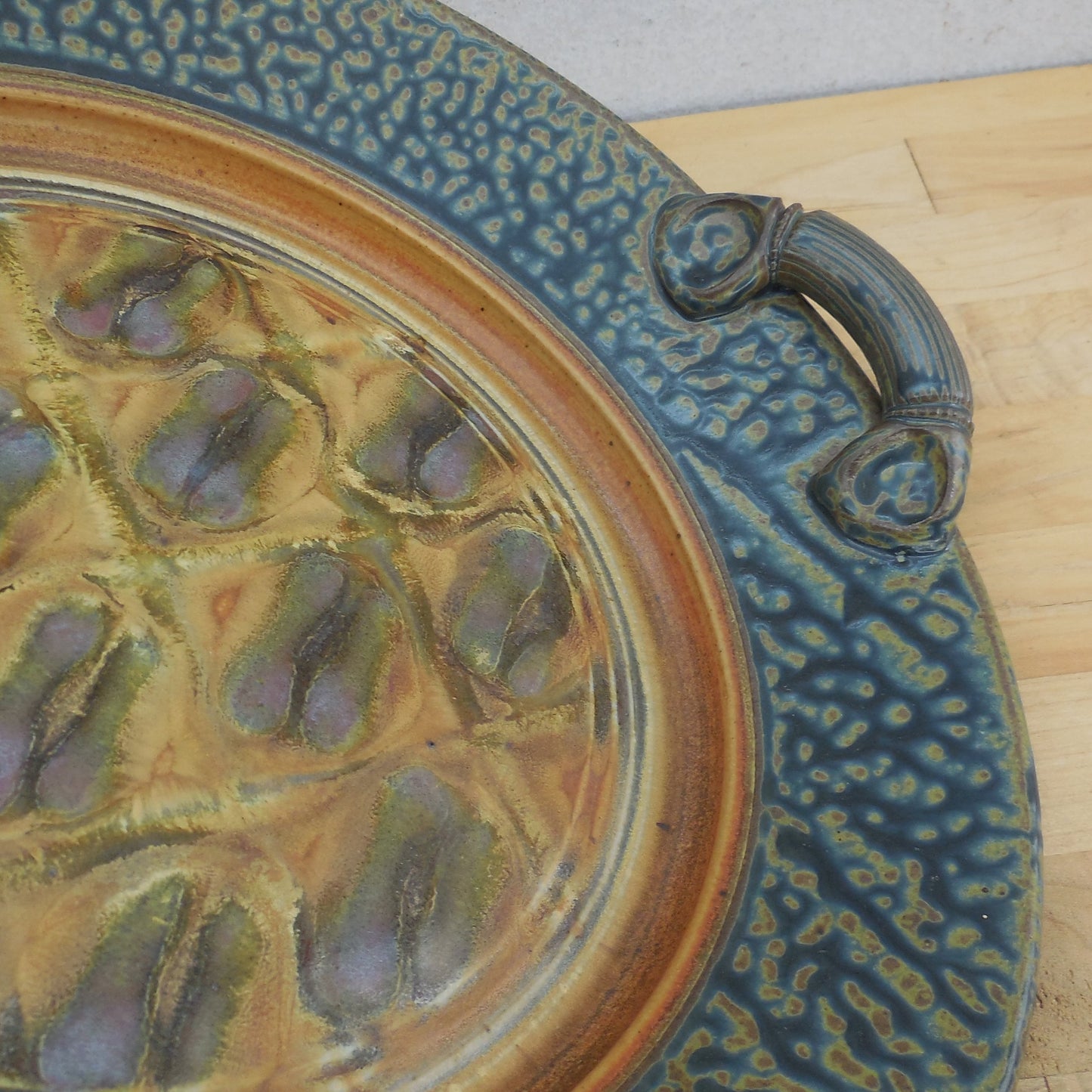 Royce Yoder Pottery Serving Platter Tan Ash Glaze Handles 12.5" purple blue brown tan