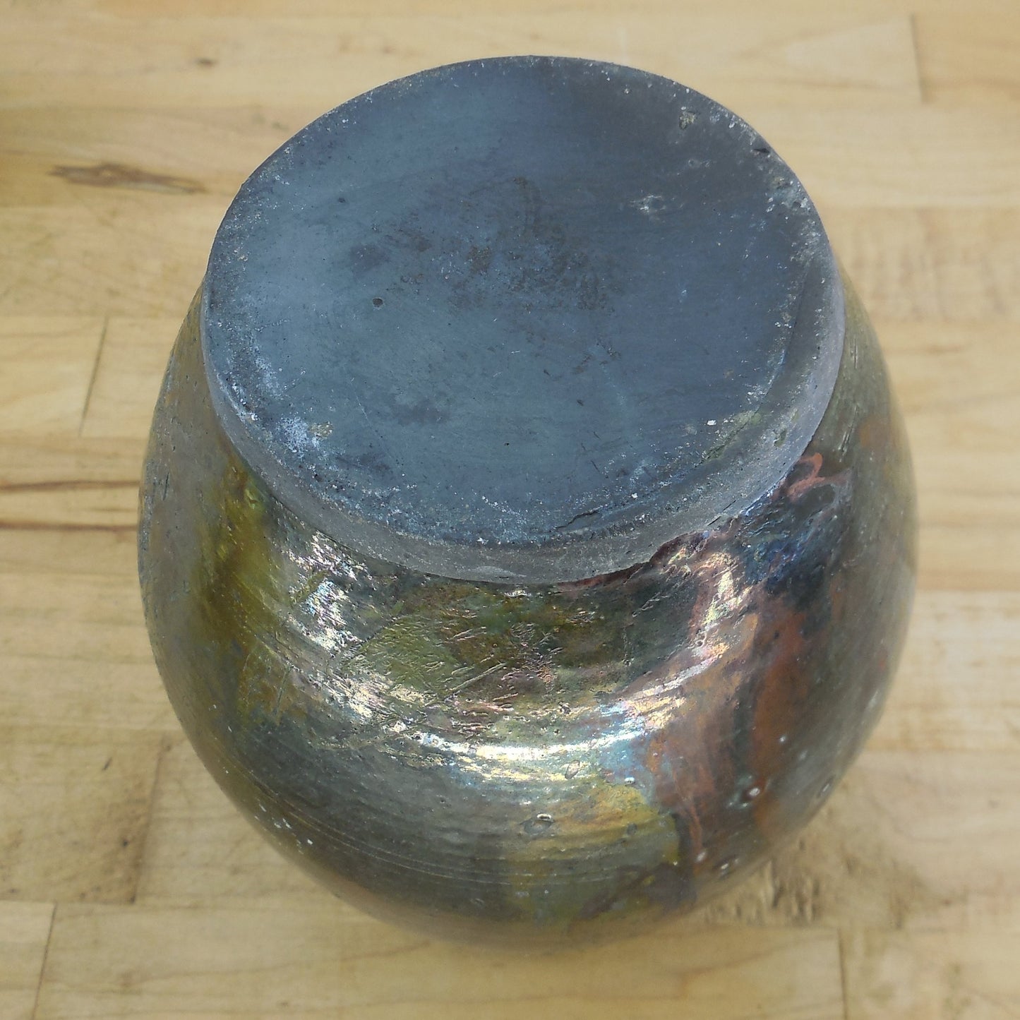 Unsigned Raku Pottery Vase Iridescent Green Red Yellow Blue 6.75" Rings