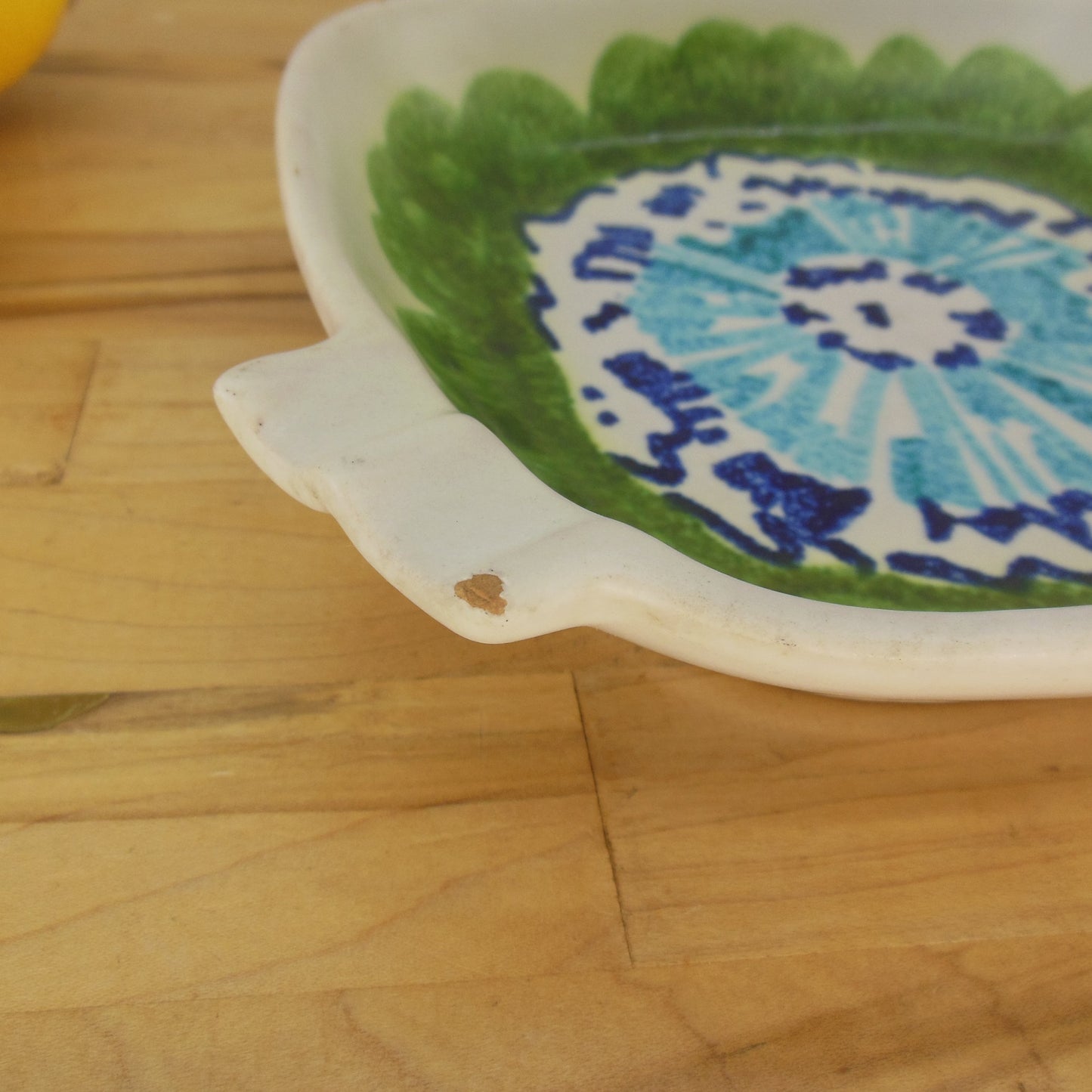 Raymor Italy Signed Pottery Ashtray Green Blue Mod Flowers Chip Used