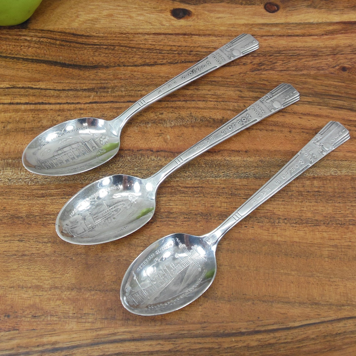 Wm. Rogers 3 Lot 1939 NY World's Fair Souvenir Spoons Railroad Marine Court Buildings