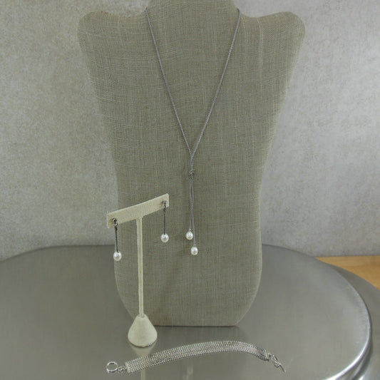 Unbranded 925 Sterling Pearl Necklace Earring Set & KM Bracelet