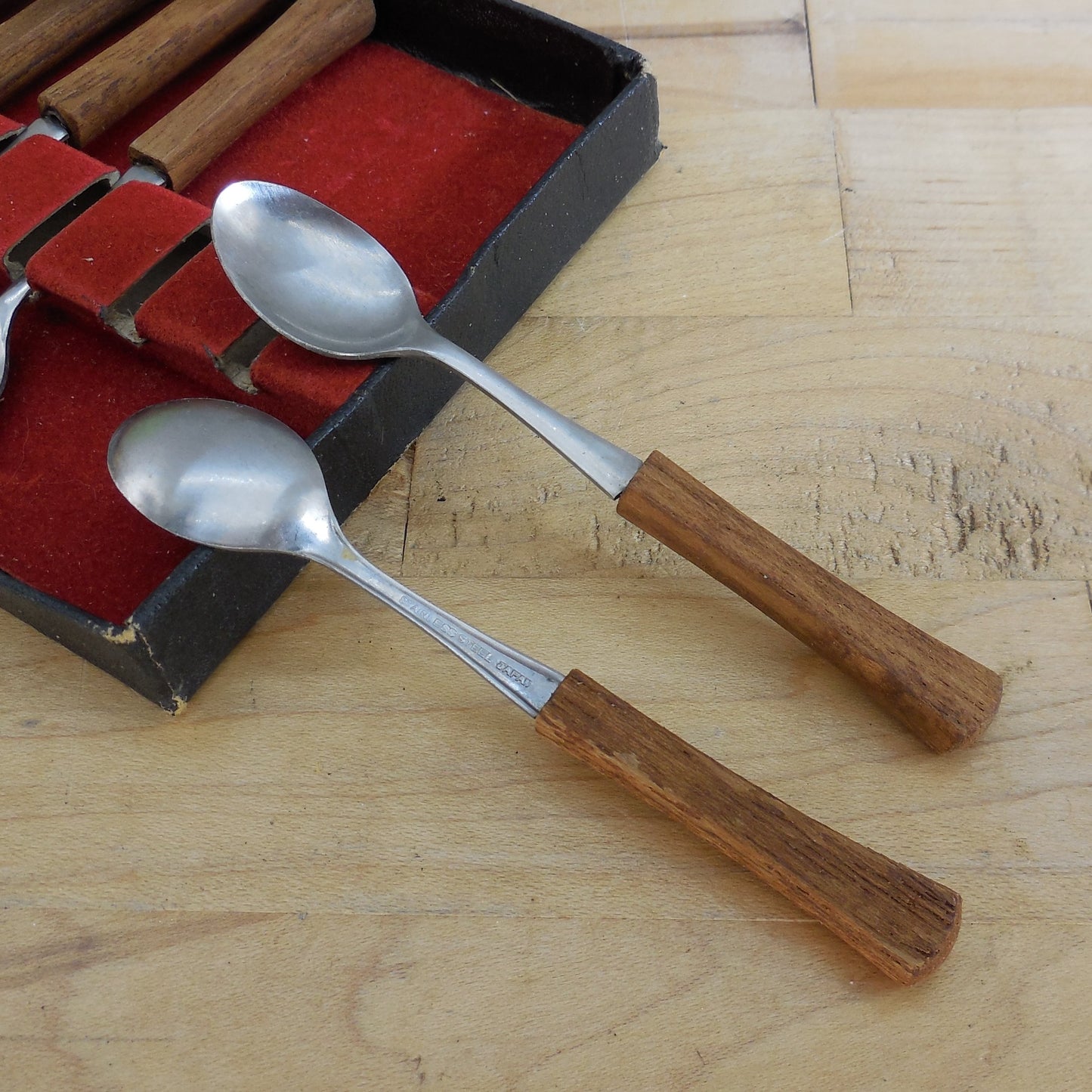 Unbranded Japan MCM Demitasse Stainless Spoon 6 Set Teak Handle boxed