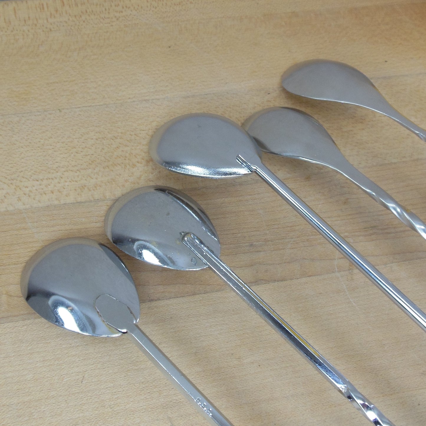 Cocktail Bar Mixing Stirring Spoons 5 Lot Twist Handles Chrome Stainless used