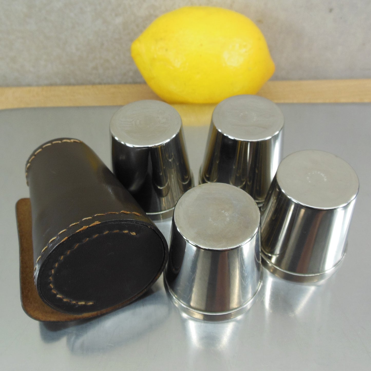 Herz Germany Silver Metal Nesting Shot Glass Set Leather Case Vintage