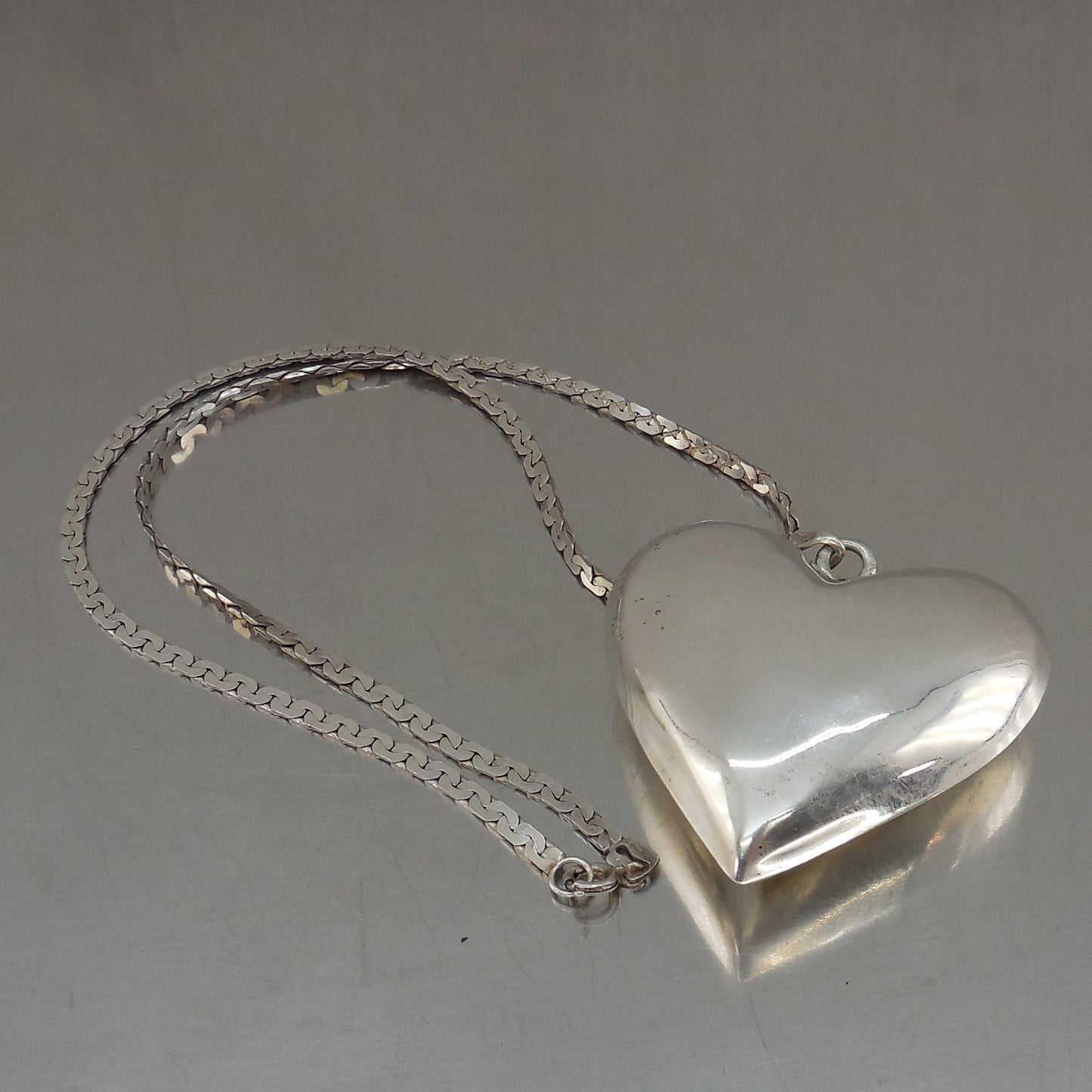 Taxco Mexico 925 Sterling Puffy Heart Pendant Necklace Large 2" Vintage