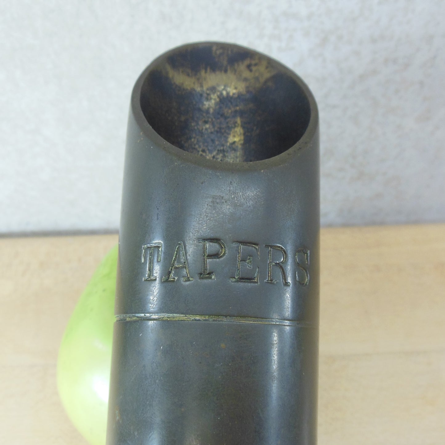 Tapers Candles Vintage Machined Brass Wood Storage Holder Church Alter stamped letters