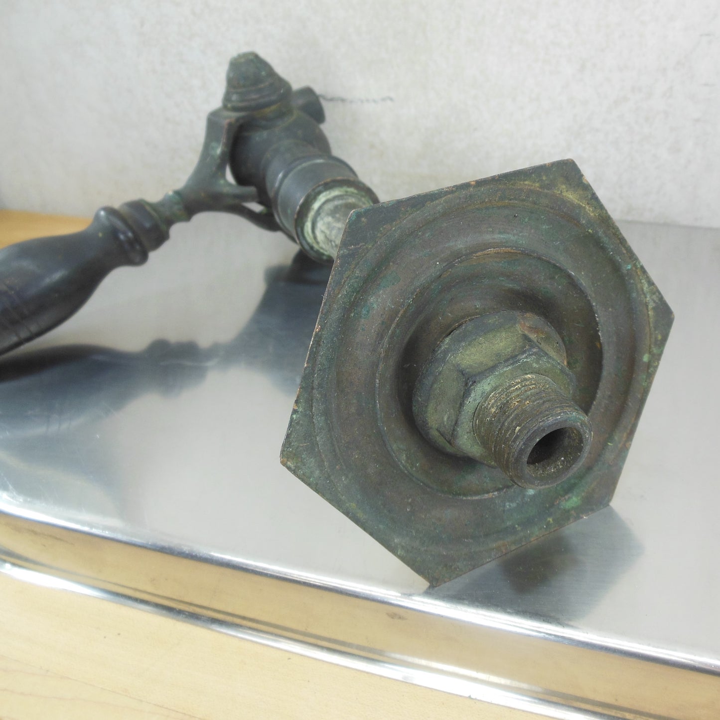 Antique Bronze/Brass Wood Handle Beer Wine Tap & Escutcheon Spout