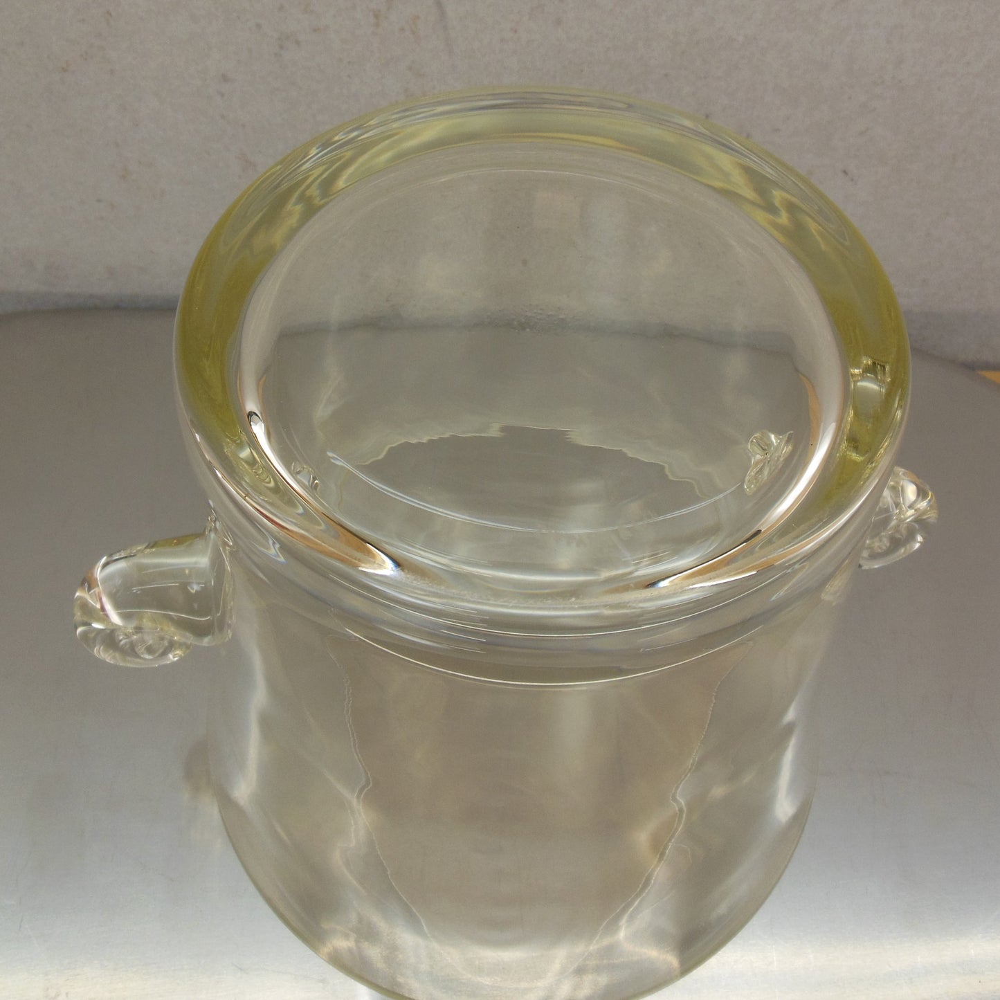 Tiffany Co. 1970's Yellow Tint Glass Ice Bucket Champagne Cooler Scroll Handles 6"