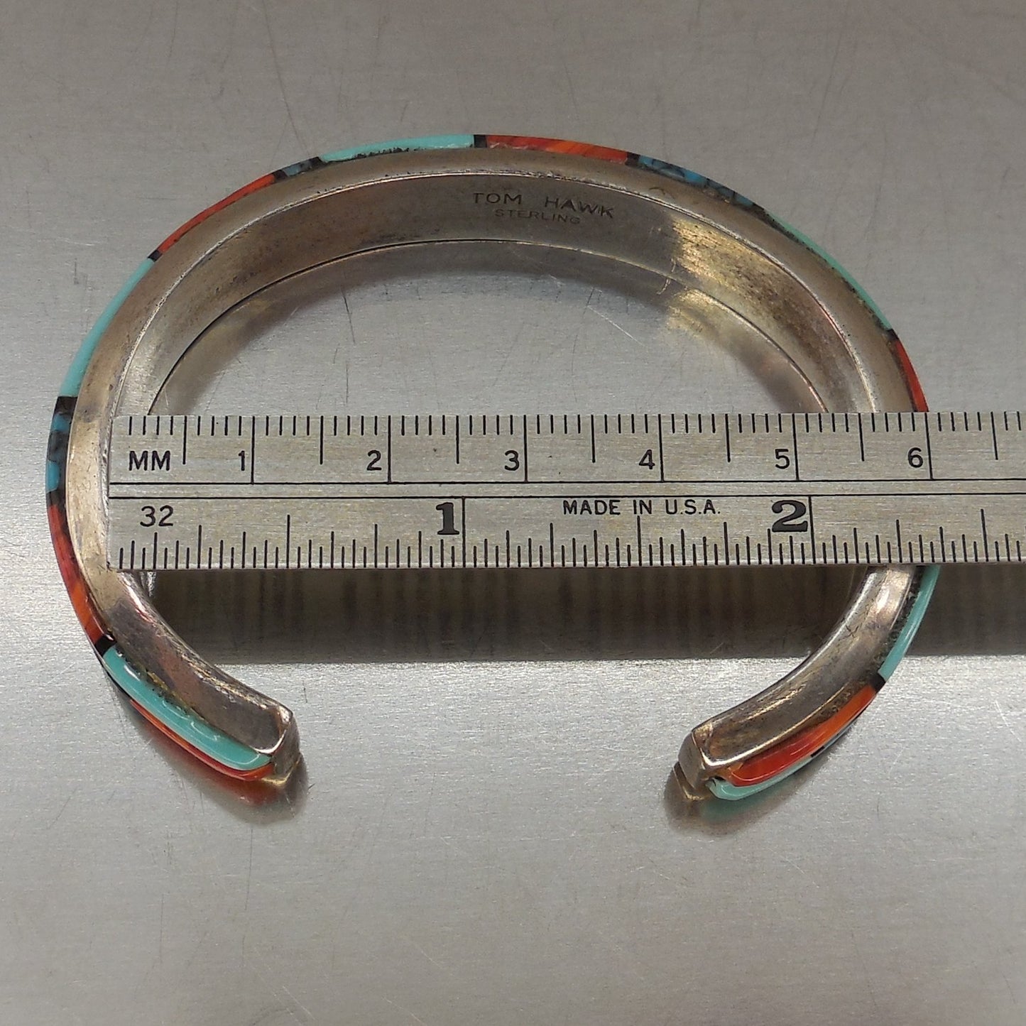 Tom Hawk Navajo Signed Sterling Silver Cuff Bracelet Turquoise Oyster 2-1/4"