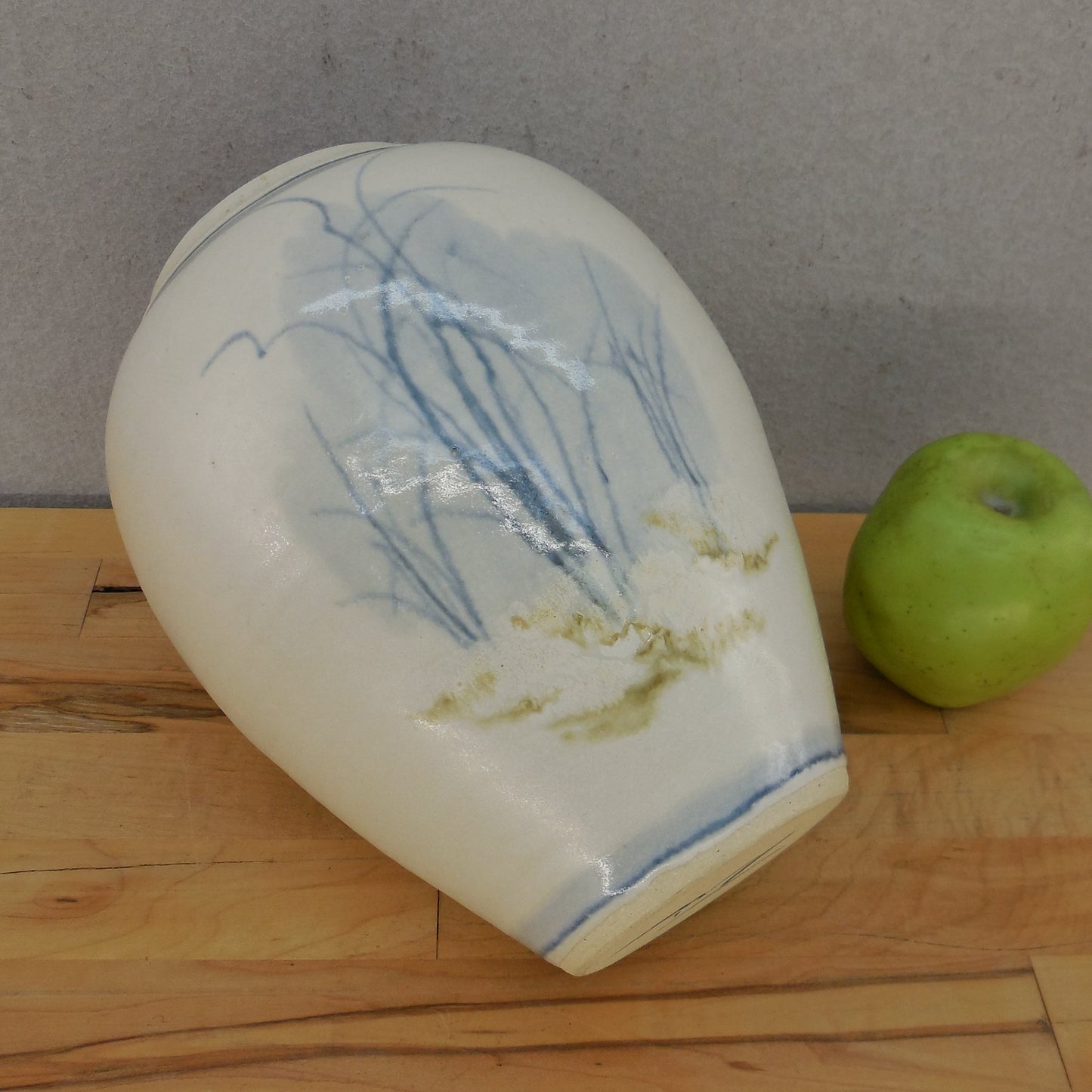 Signed Studio Pottery Vase Blue Reeds Grass Landscape Vintage