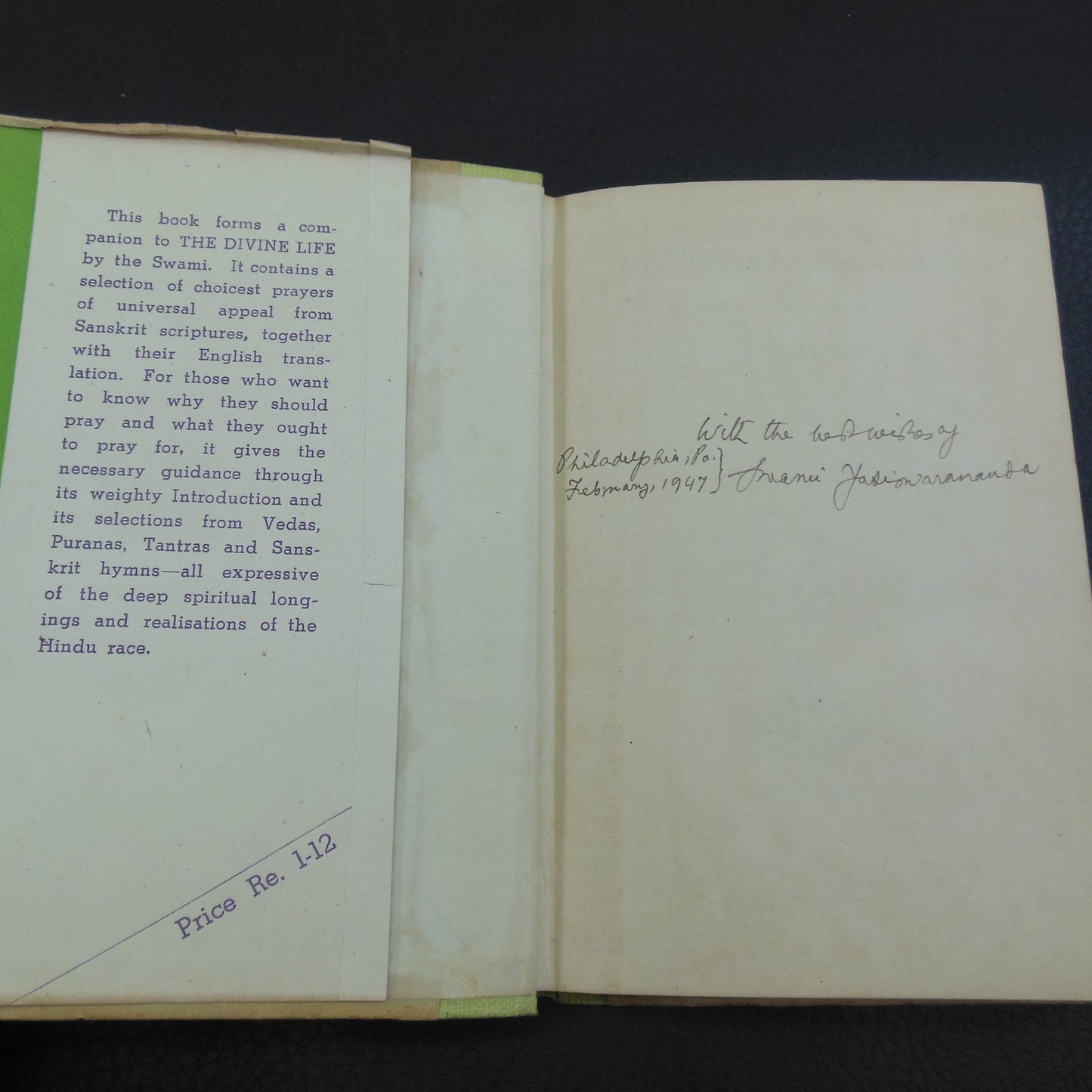 Swami Yatiswarananda Signed Book - Universal Prayers 1944 - Vedanta Ramakrishna Math used