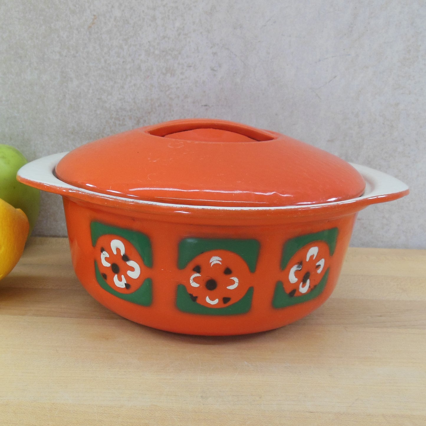 Soviet USSR Enamel Cast Iron Cocotte Dutch Oven Orange Green White