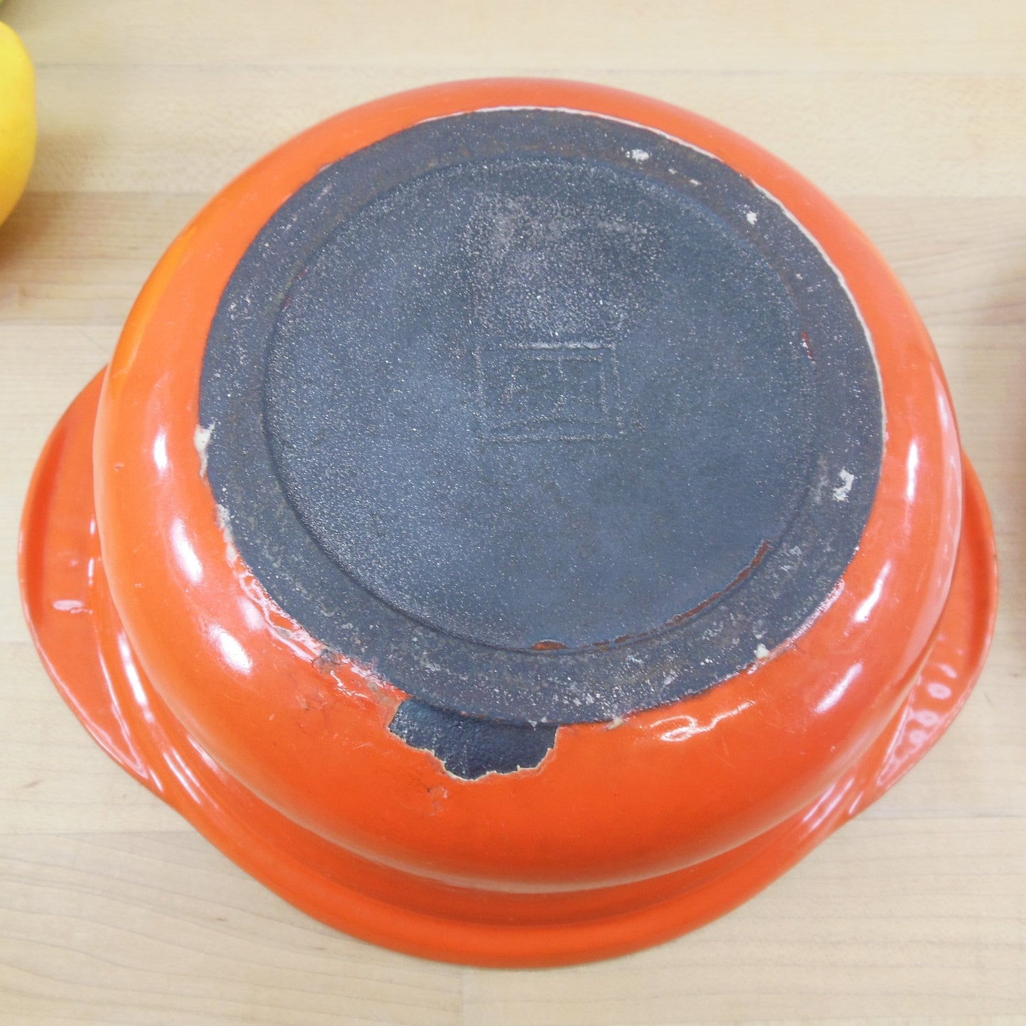 Soviet USSR Enamel Cast Iron Cocotte Dutch Oven Orange Green White used