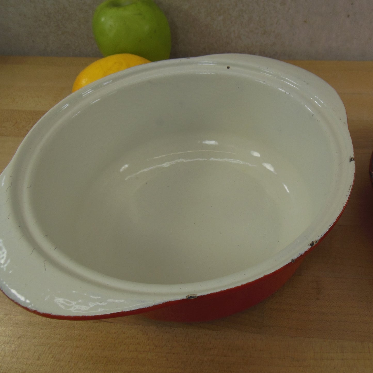 Soviet USSR Enamel Cast Iron Cocotte Dutch Oven Orange Green White chips