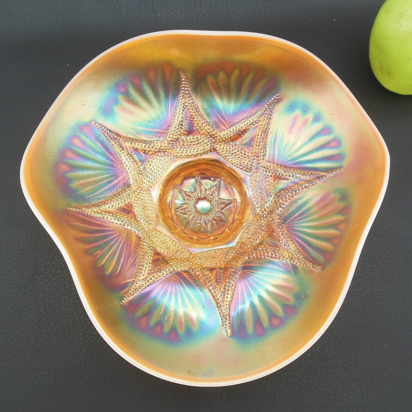 Dugan Ski Star Marigold Peach Carnival Glass Tri-Cornered Bowl 8" Vintage