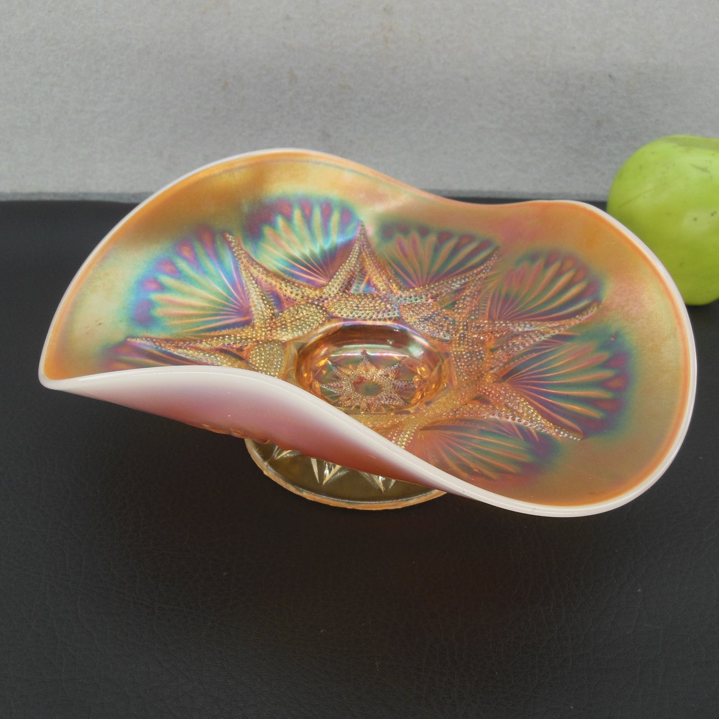 Dugan Ski Star Marigold Peach Carnival Glass Tri-Cornered Bowl 8" antique