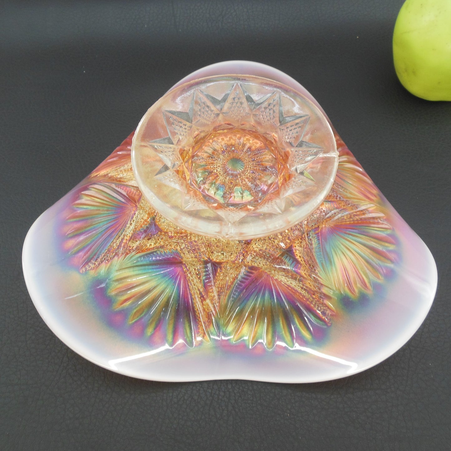 Dugan Ski Star Marigold Peach Carnival Glass Tri-Cornered Bowl 8" Bottom View