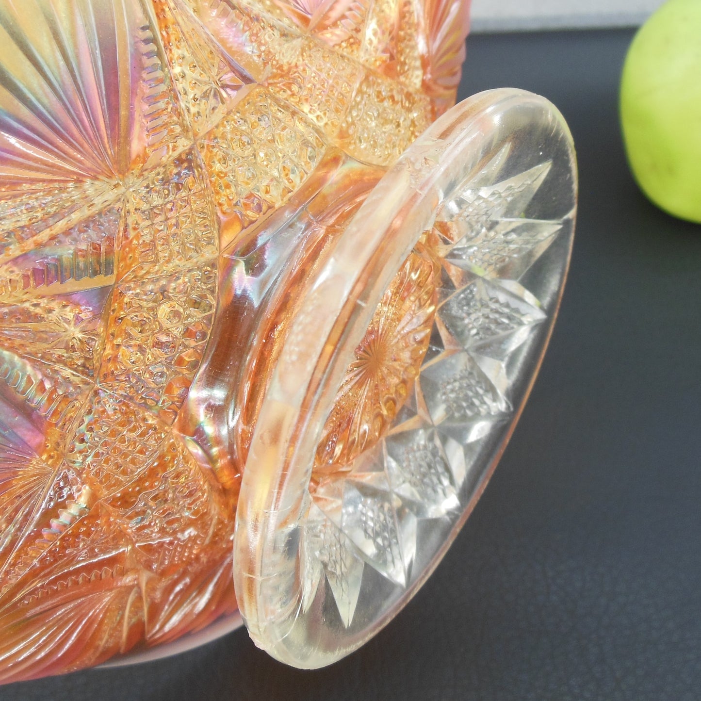 Dugan Ski Star Marigold Peach Carnival Glass Tri-Cornered Bowl 8" Pedestal