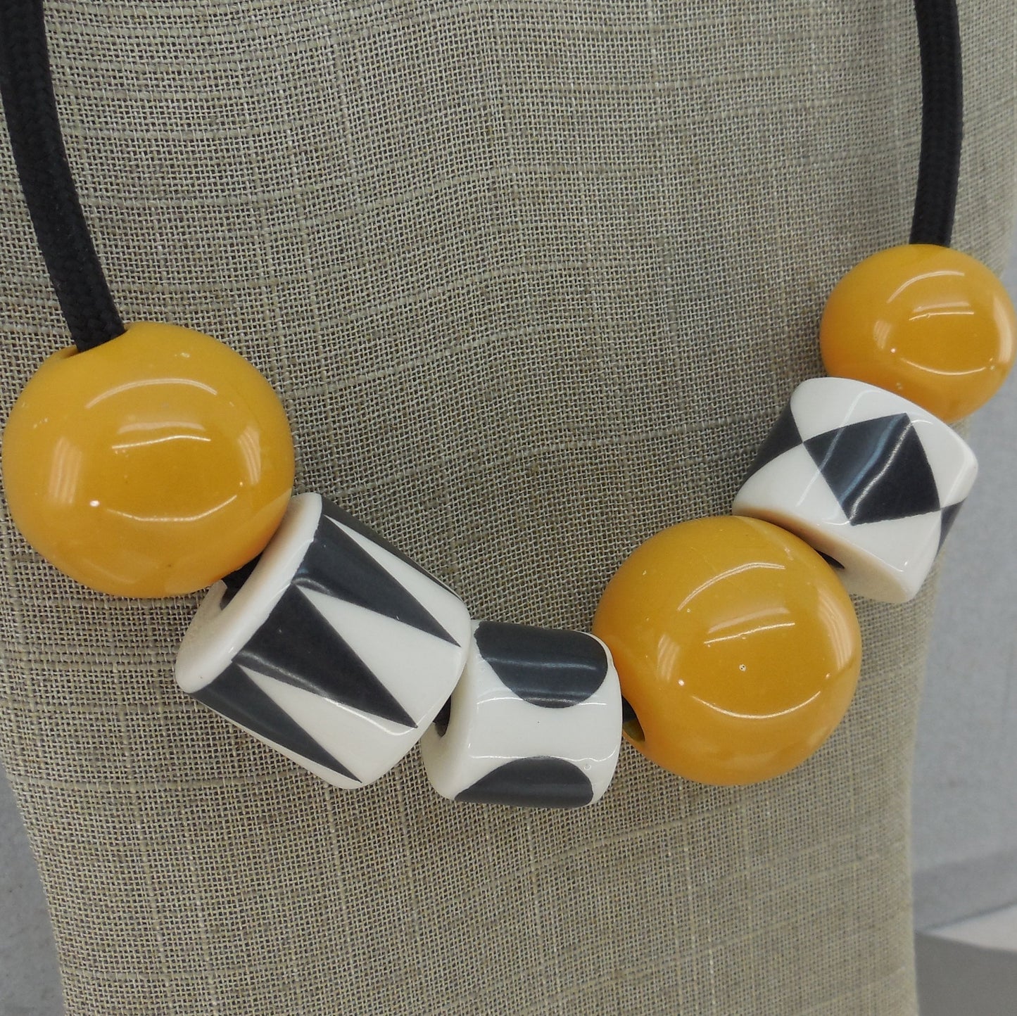 Officine Gualandi Italy Totem Chunky Ceramic Bead Necklace Yellow Black White BOHO Modern