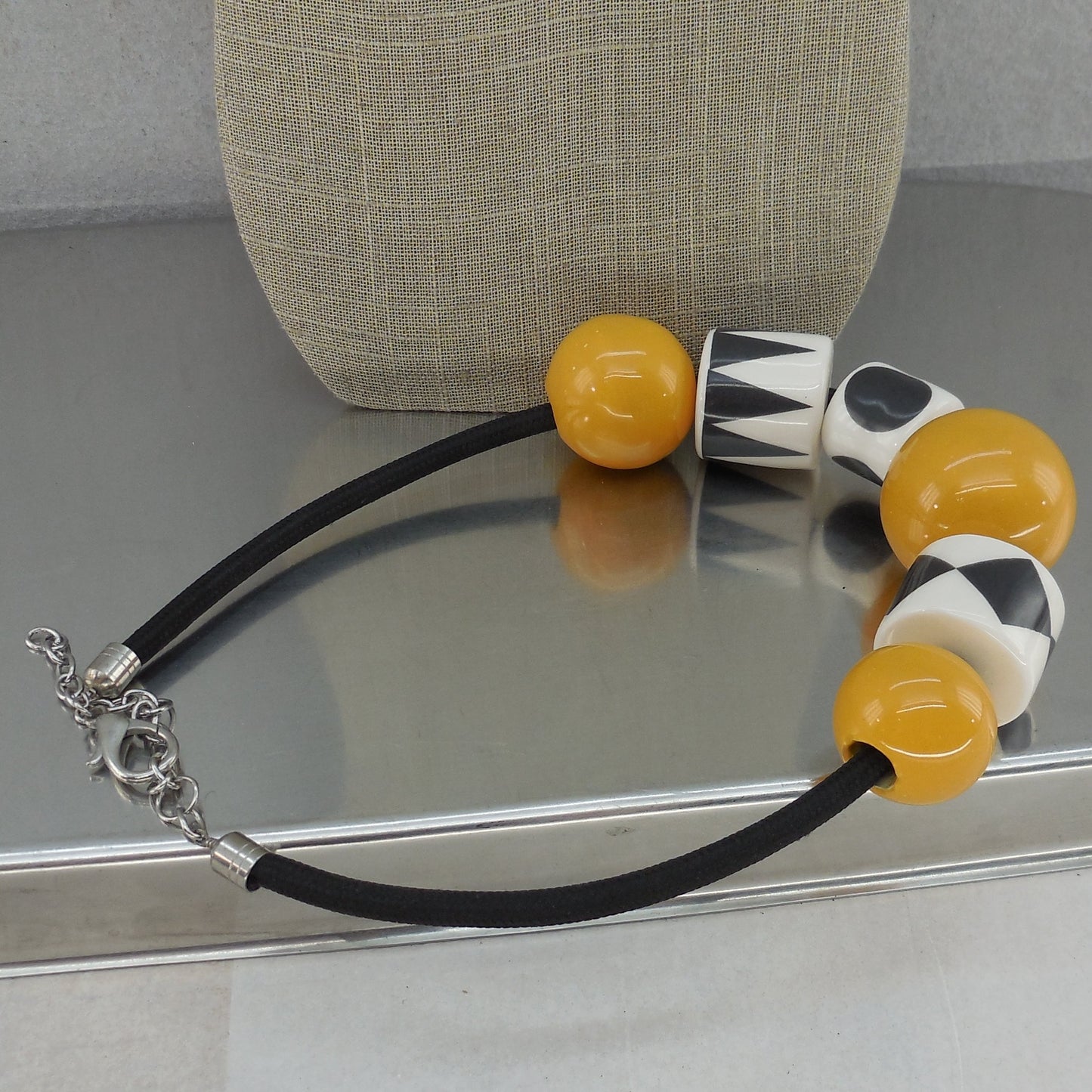 Officine Gualandi Italy Totem Chunky Ceramic Bead Necklace Yellow Black White Large