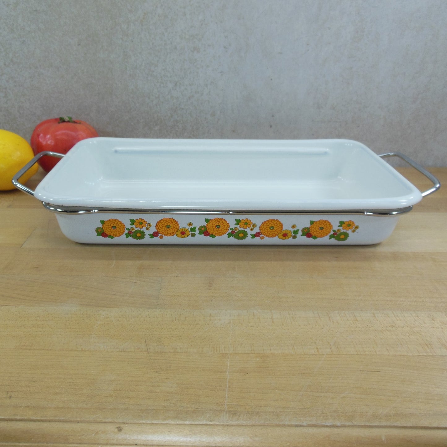 Cera-Met USA Enamelware Baking Brownie Pan Zinnia Flowers - Chrome Handles