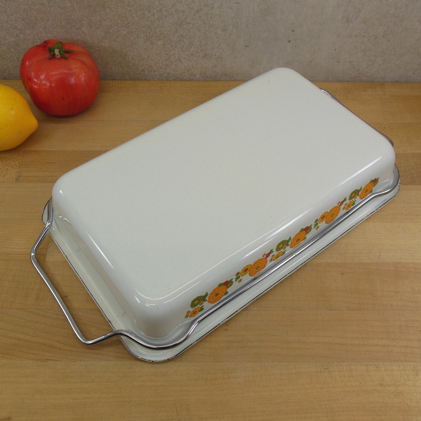 Cera-Met USA Enamelware Baking Brownie Pan Zinnia Flowers - Chrome Handles Used